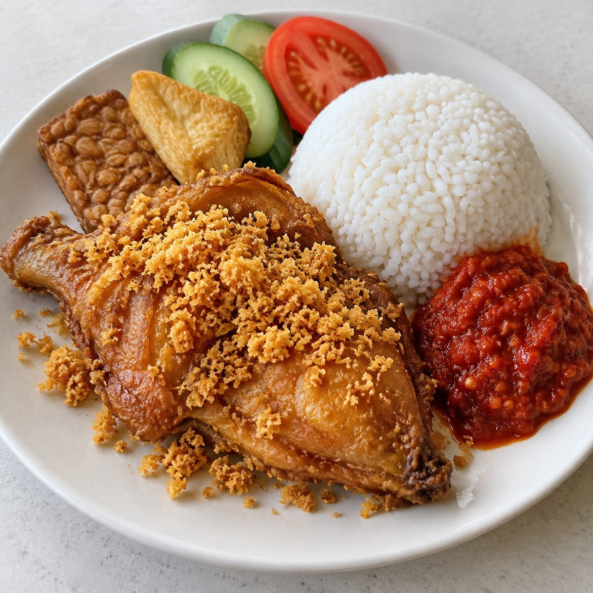 Ayam penyet: smashed fried chicken with crispy crumbs, sambal, tofu, tempeh and rice