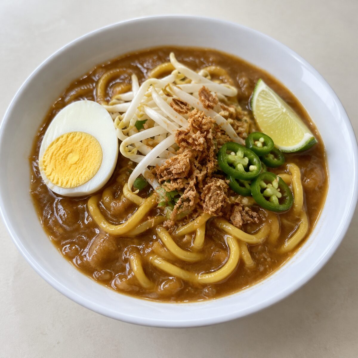 Mee rebus: yellow noodles in thick gravy with boiled egg, bean sprouts, green chilli and lime