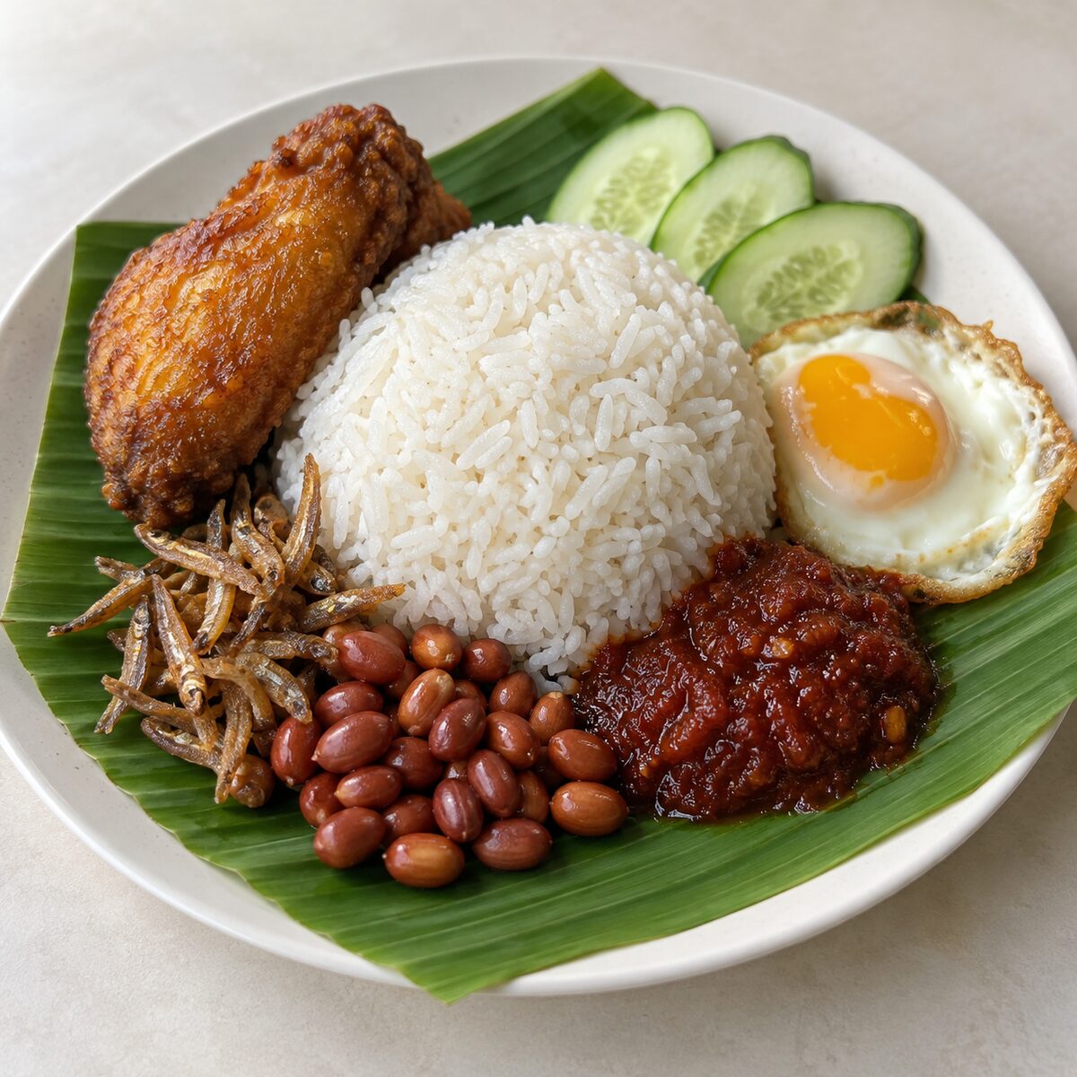 Nasi lemak: coconut rice, fried chicken wing, ikan bilis, peanuts, cucumber, fried egg and sambal on banana leaf
