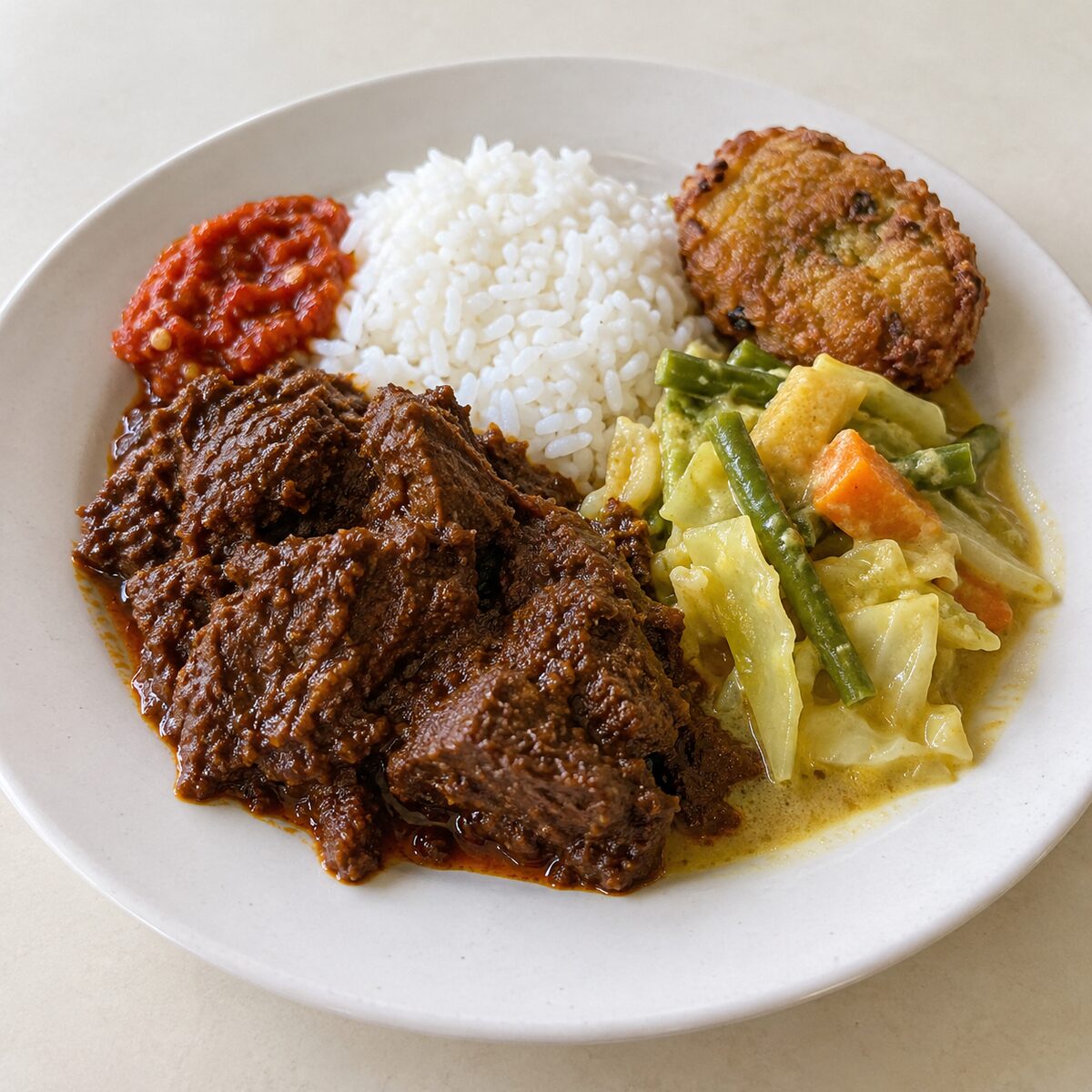 Nasi padang: rice with beef rendang, sayur lodeh, sambal and begedil